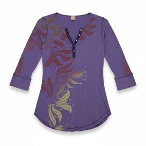Language Los Angeles Henley‎ Top XL Women's Purple Y2K 90s Ribbed Floral Print